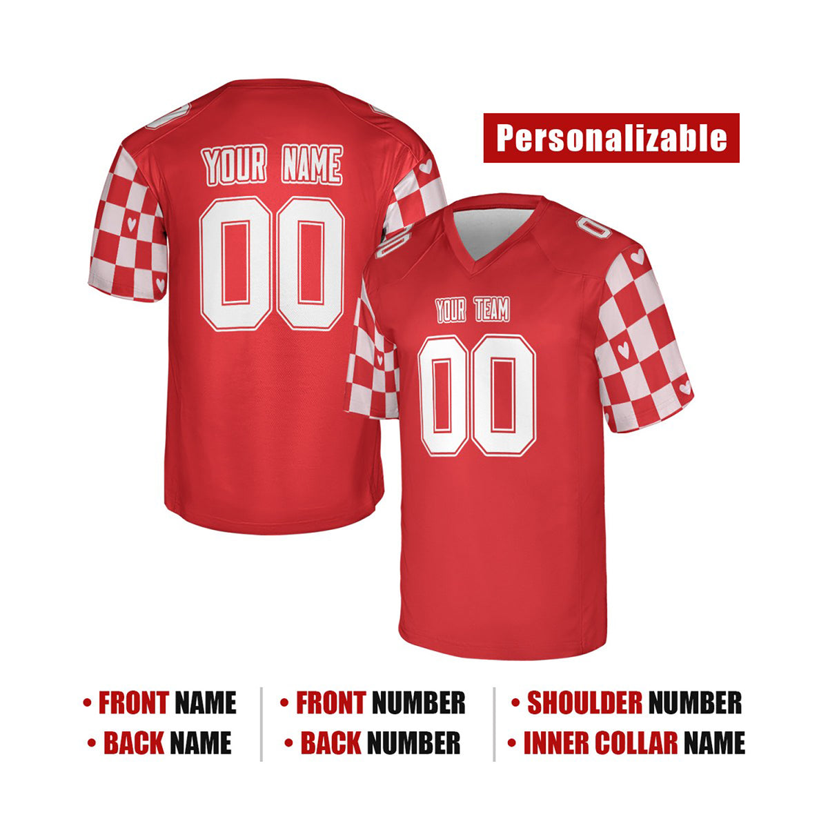 Personalized Valentine’s Day Football Jersey - Checkered Heart Design, Matching Couples Outfit-2