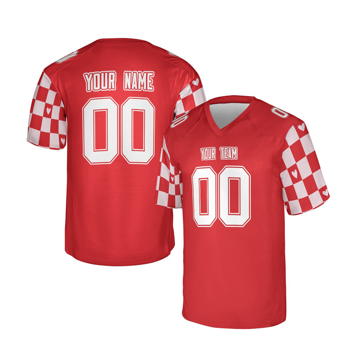 Personalized Valentine’s Day Football Jersey - Checkered Heart Design, Matching Couples Outfit-3