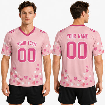 Personalized Valentine’s Day Football Jersey - Floating Hearts Design, Matching Couples Outfit-1