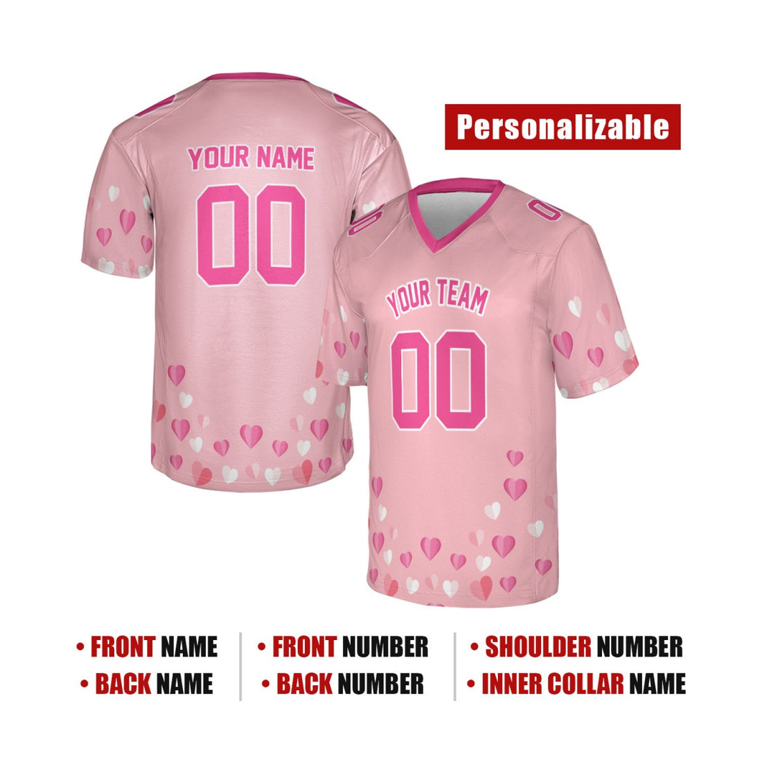 Personalized Valentine’s Day Football Jersey - Floating Hearts Design, Matching Couples Outfit-1