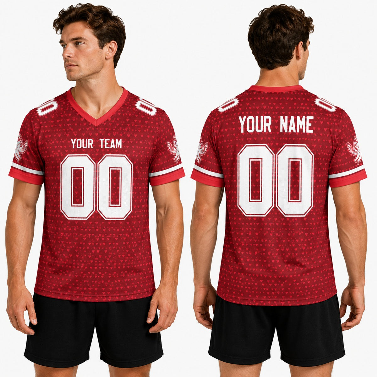 Personalized Valentine’s Day Football Jersey - Heart Pattern Design, Matching Couples Outfit-1