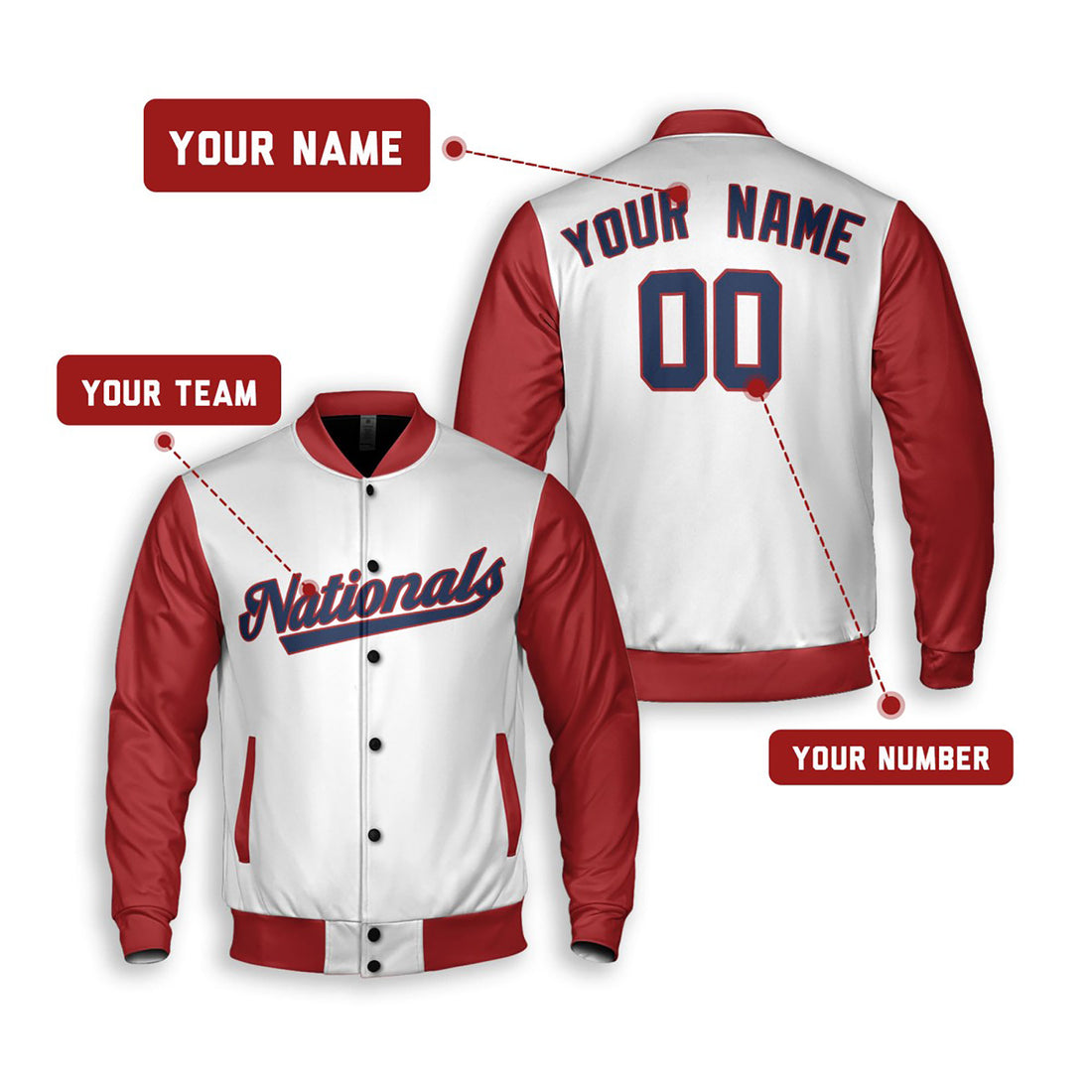 Personalized Washington Nationals Varsity Jacket – White Red Alternate Style, Custom Name & Number-1